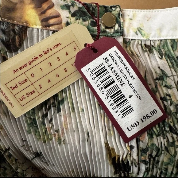 TED BAKER Women’s Dancing Leaves Sheer Pleated 3/4 Sleeved Blouse Sz US 10/L NWT - Picture 14 of 16